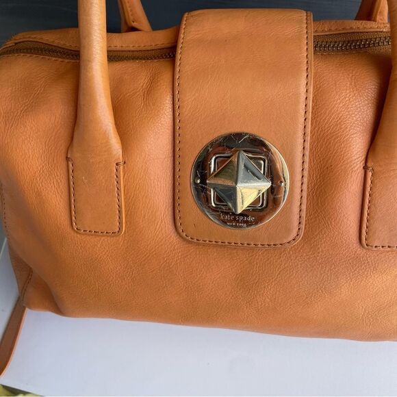 KATE SPADE Tan Leather Chrystie Street Leila Boston Turnlock Satchel Tote Knott - Picture 9 of 10